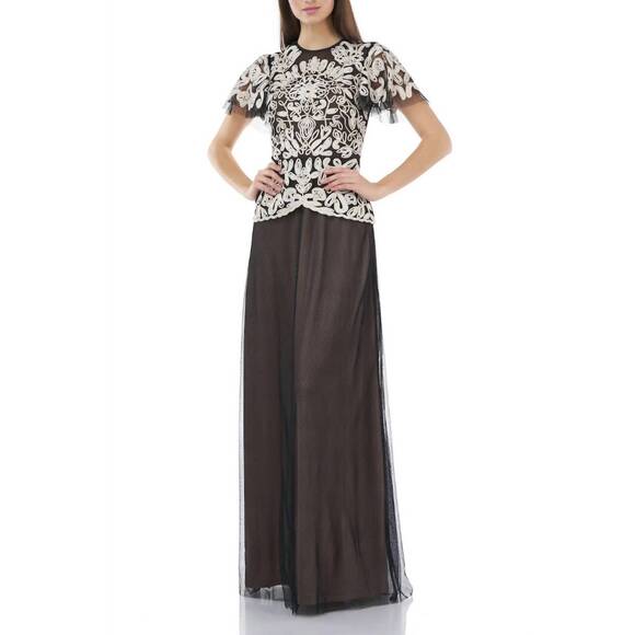 NEW JS COLLECTIONS women's crew neck embroidered mesh dress in oyster black
